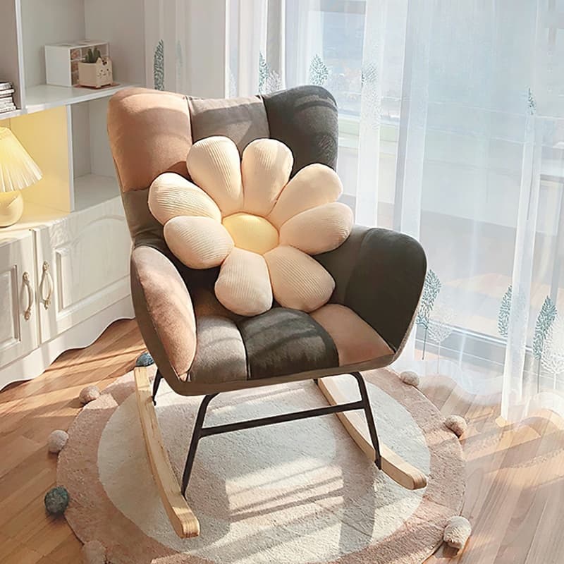 Cotton Cushioned Seat & Back Stationary Rocking Reading Chair with Flared Arm, Footstool, Wing Back & Light Wood Legs thumbnail 15