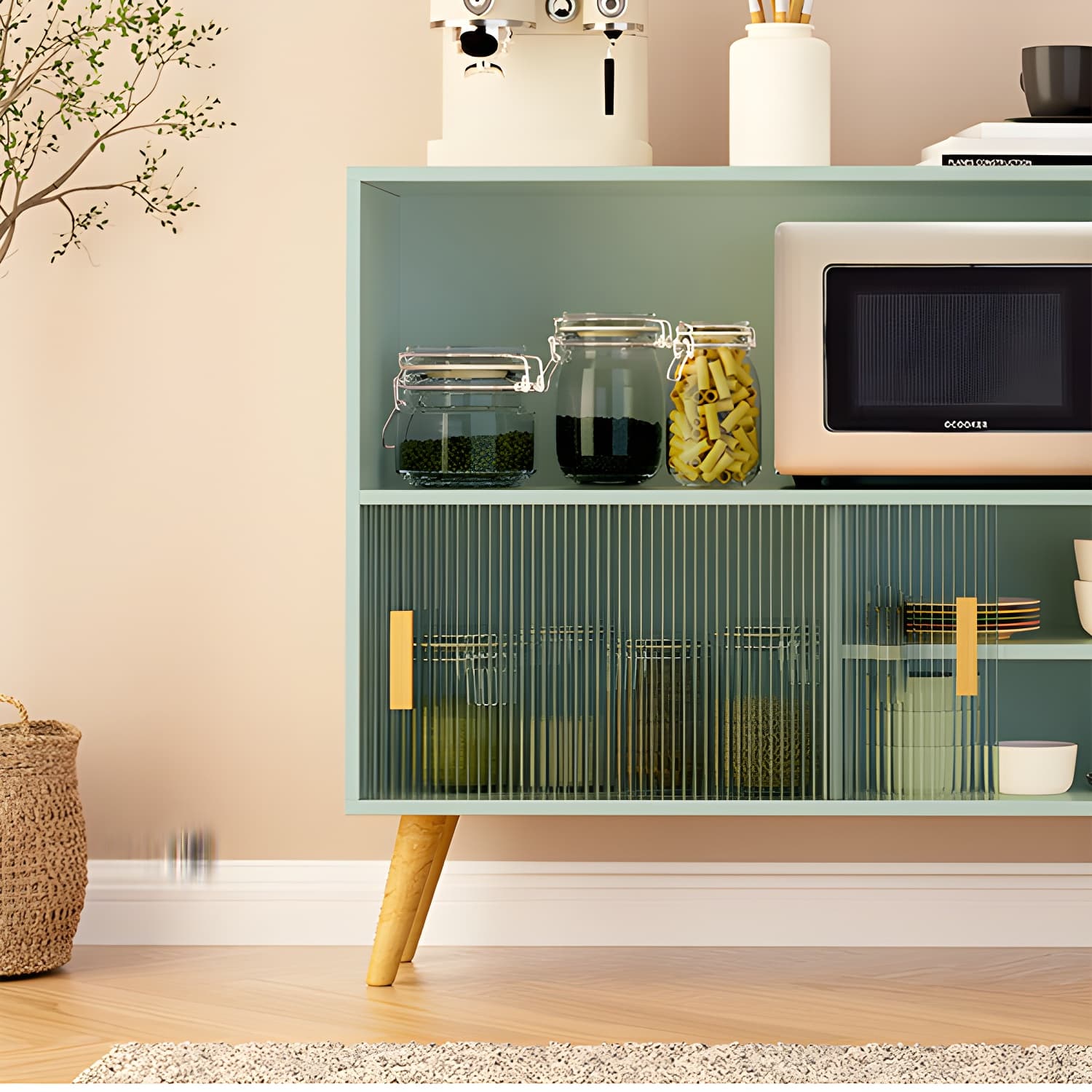 Scandinavian Wood Buffet Table with Acrylic Sliding Doors and Cabinet thumbnail 14