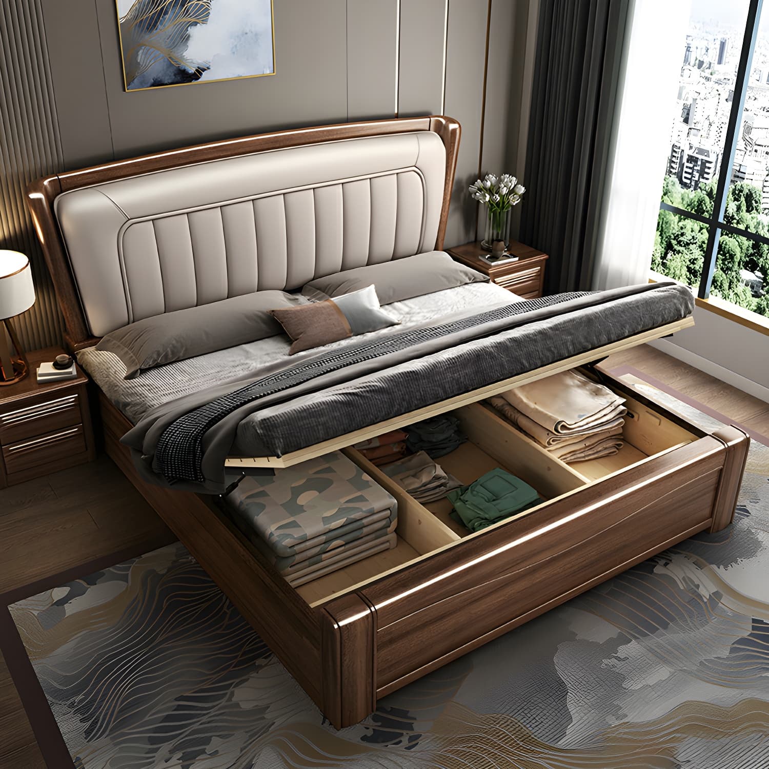 Traditional Walnut Wood Brown Bed with Rectangular Upholstered Headboard for Bedroom thumbnail 3