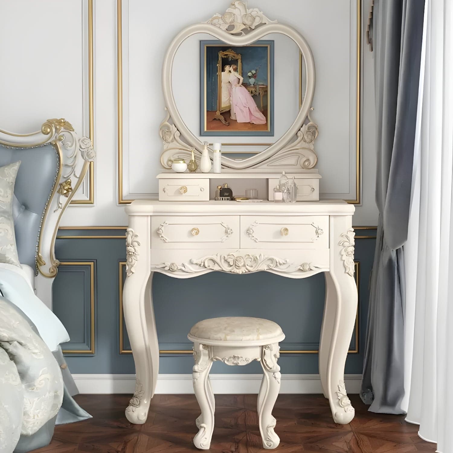 Elegant White Victorian Makeup Vanity Set with Wood Top & Mirror & Drawers & Upholstered Chair thumbnail 4