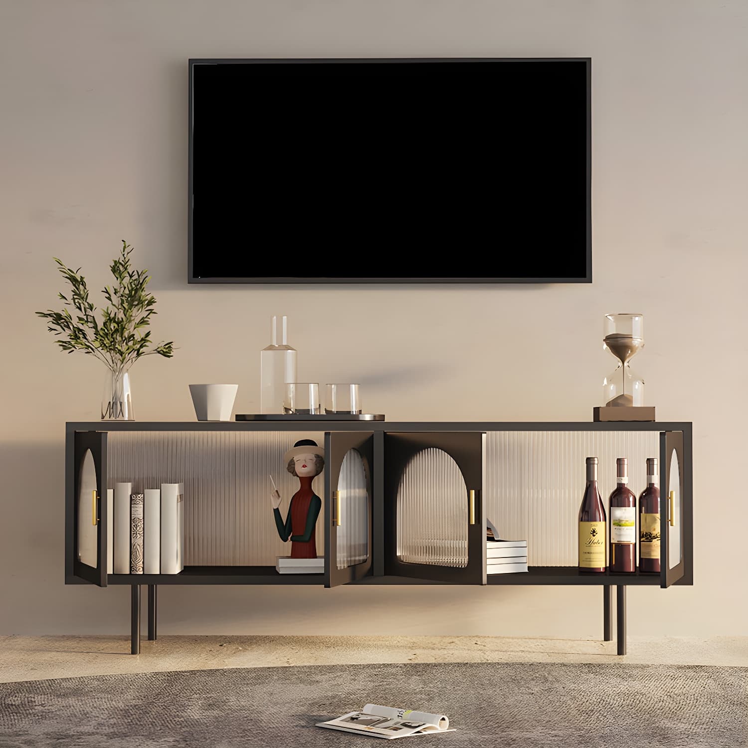 Industrial 4 Doors TV Media Stand Metal and Glass TV Console thumbnail 4
