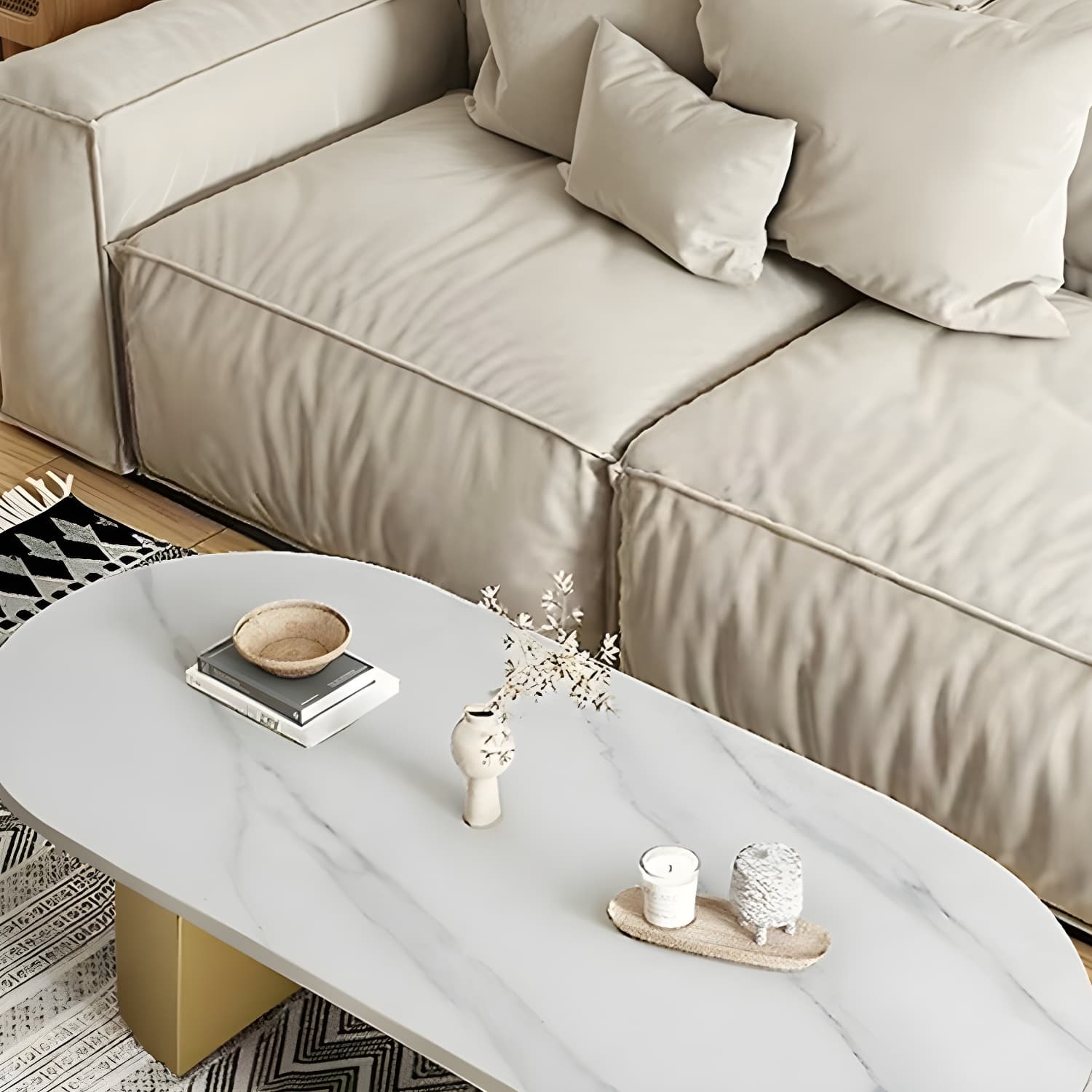 Modern Oval Stone Coffee Table with Double Pedestal Base for Living Room thumbnail 7