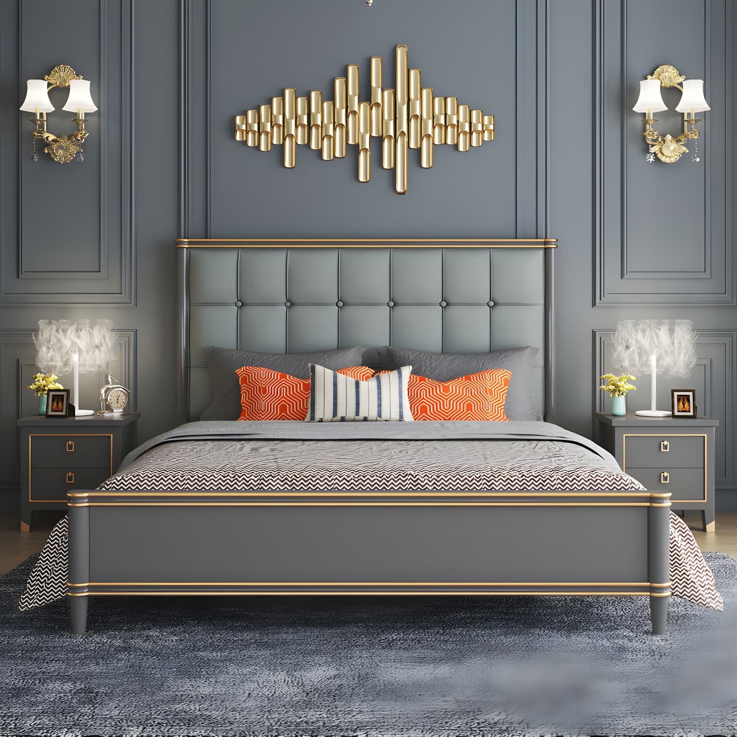 Modern Standard Bed with Tufted Upholstered Headboard and Soild Wood Legs thumbnail 6