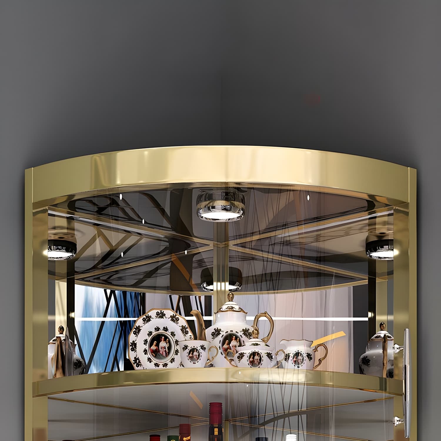 Corner Modern Accent Cabinet with Wood Counter Top, Glass Doors, and Metal Base thumbnail 12