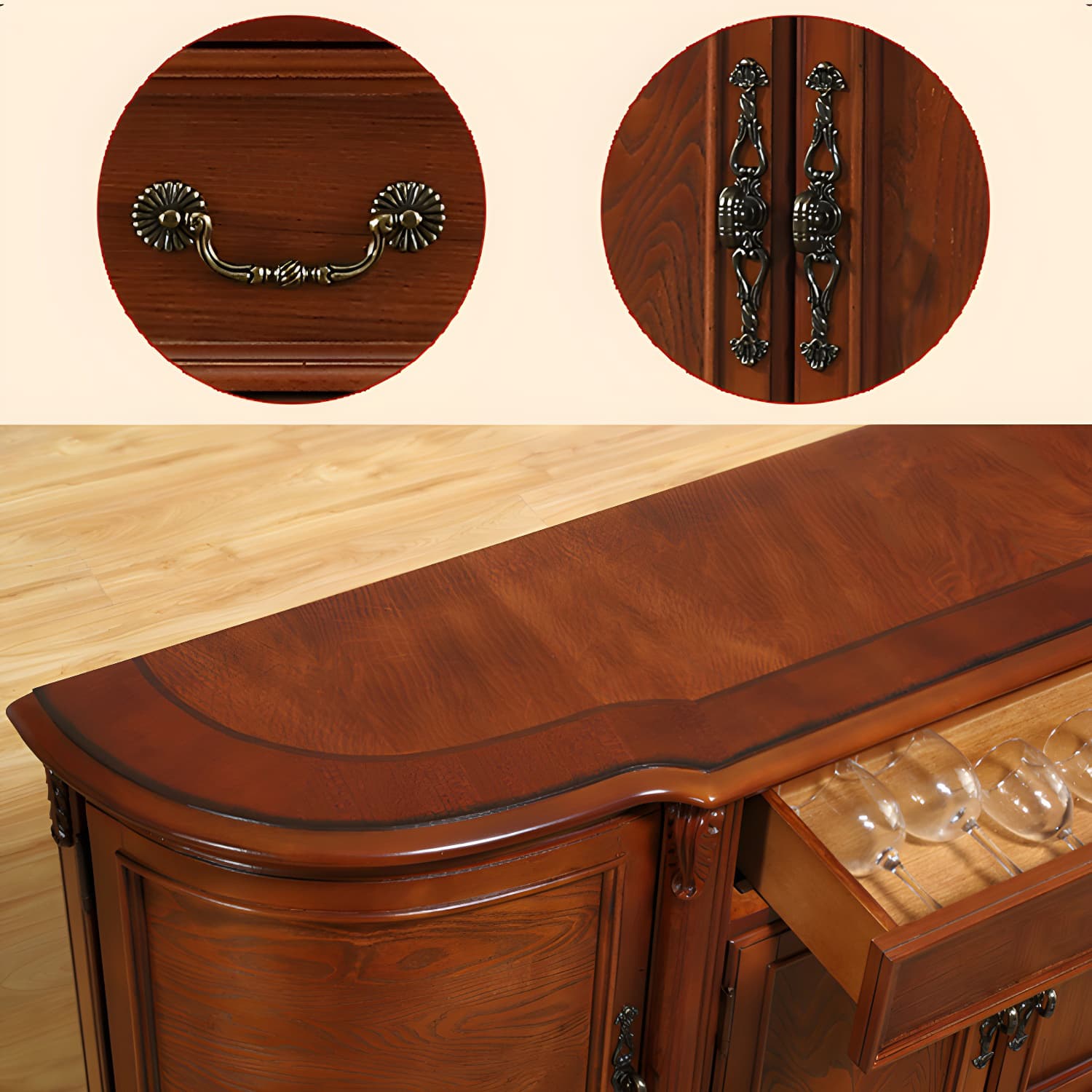Traditional Style Wood Sideboard Credenza with 4 Cabinets and Drawers and 3 Interior Shelves thumbnail 6