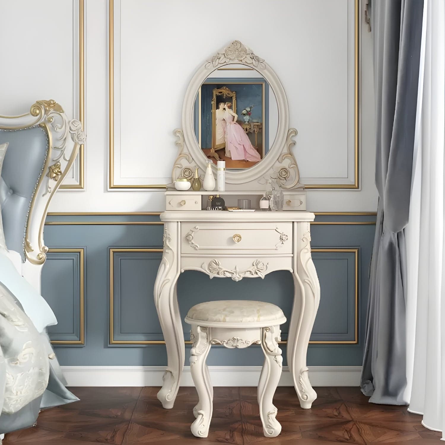 Elegant White Victorian Makeup Vanity Set with Wood Top & Mirror & Drawers & Upholstered Chair thumbnail 1
