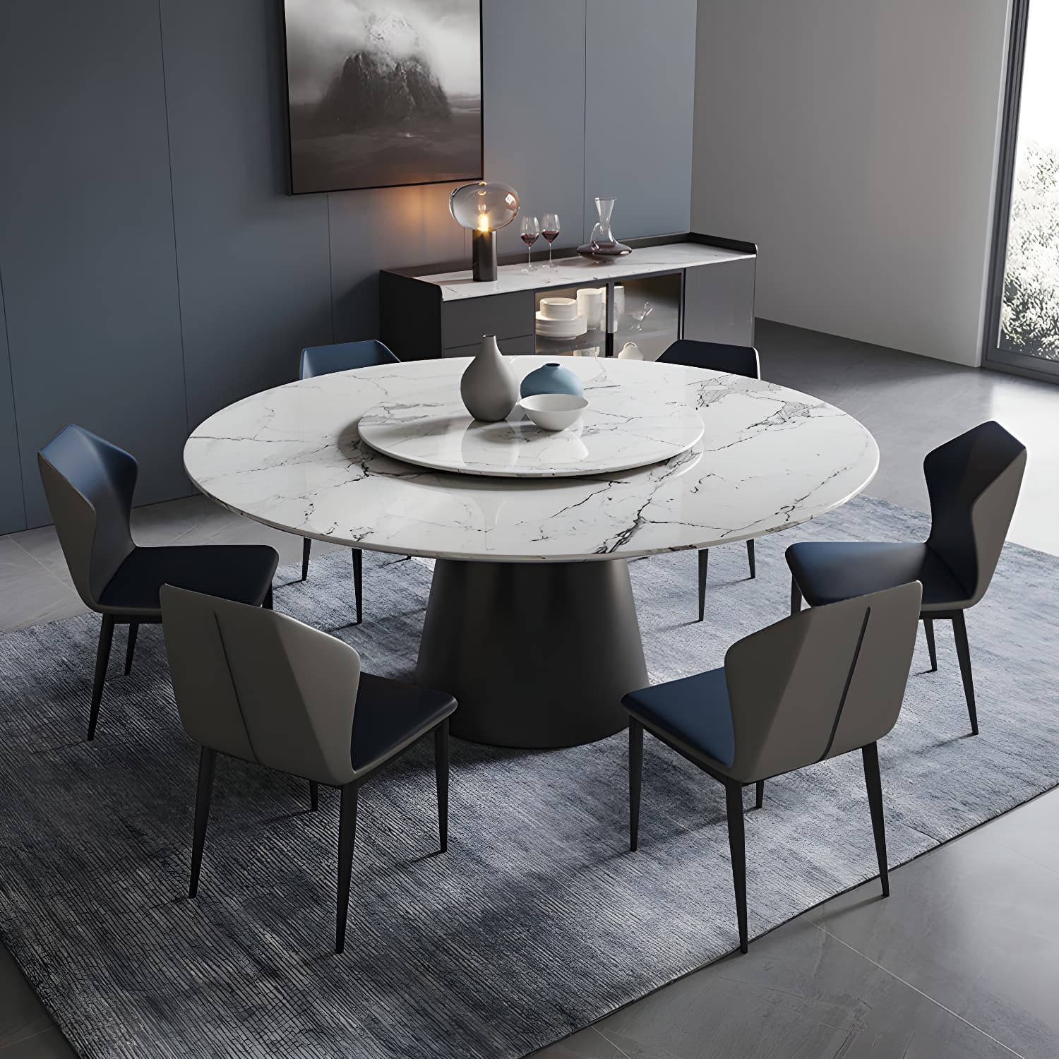 Contemporary Stone Round Dining Set 1/4/7/11 Pieces Turntable Dining Furniture for Home thumbnail 3