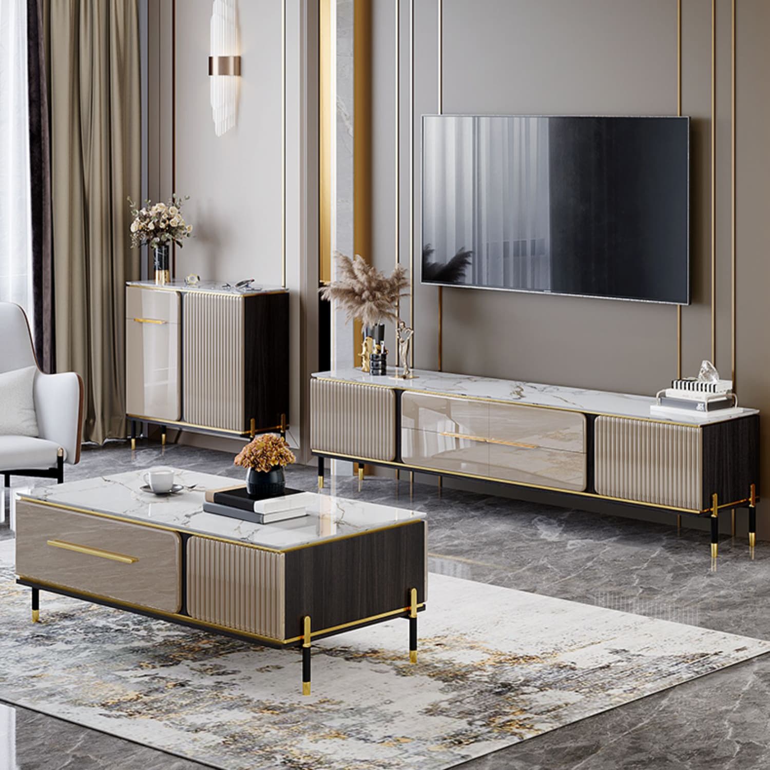 Stone Buffet Sideboard Glam Adjustable Shelves Buffet Credenza with Drawers and Cabinets thumbnail 9
