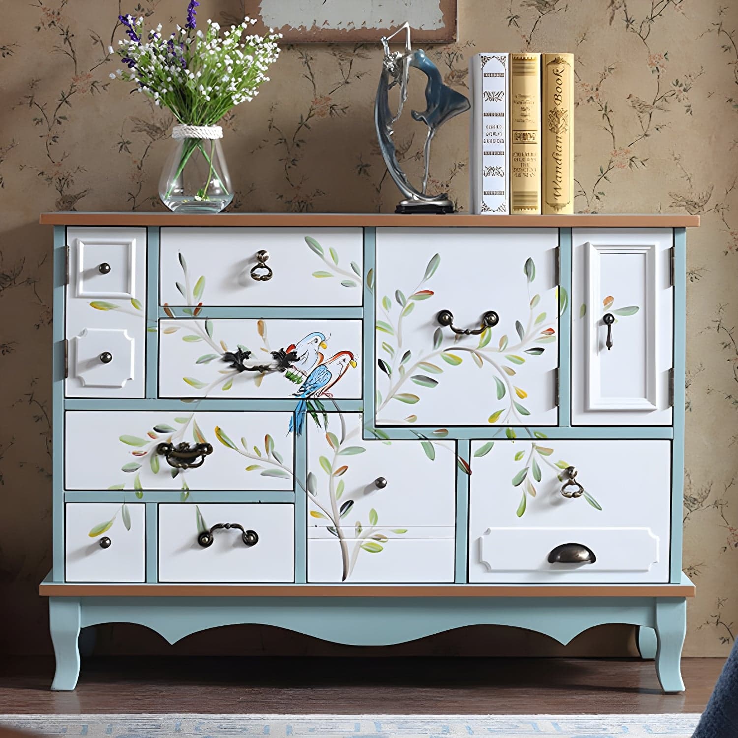 Industrial Painted Accent Cabinet with Drawers Solid Wood Chest thumbnail 14