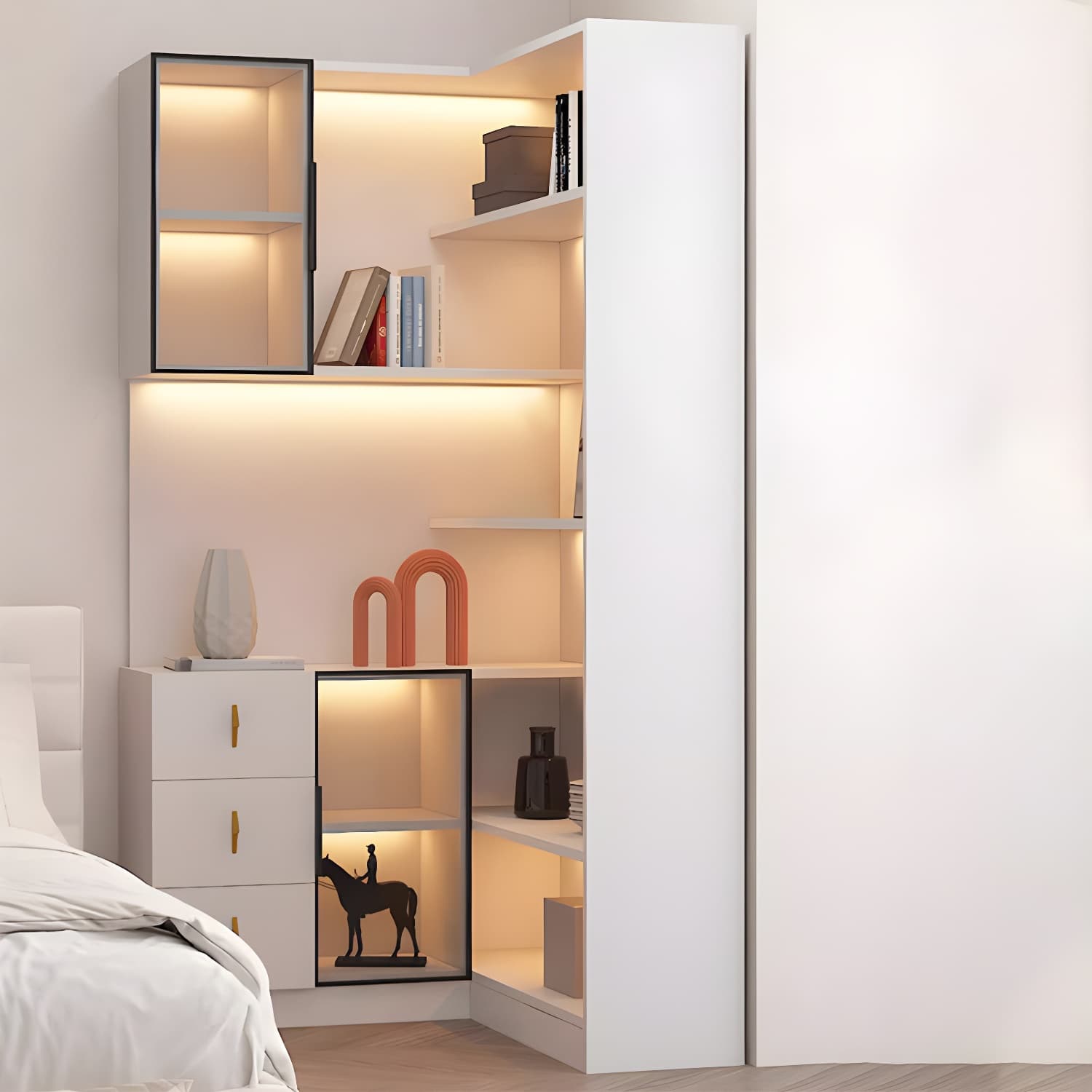 Corner Modern Accent Cabinet with Wood Counter Top, Glass Doors, Drawers, and Adjustable Shelves thumbnail 11