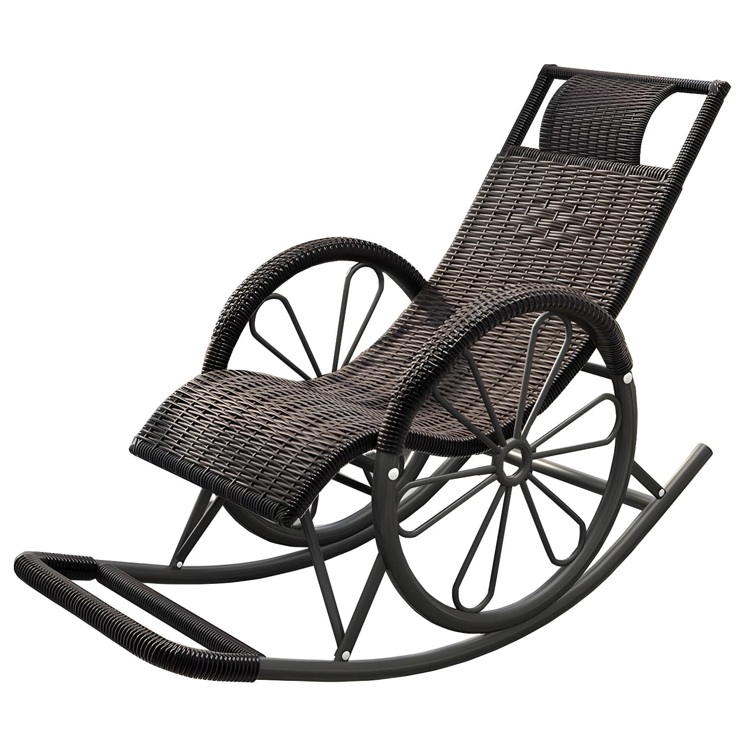 Modern Spindle Rattan Rocking Chair Metal Frame Wheel Handrail Design Rocker Chair thumbnail 12