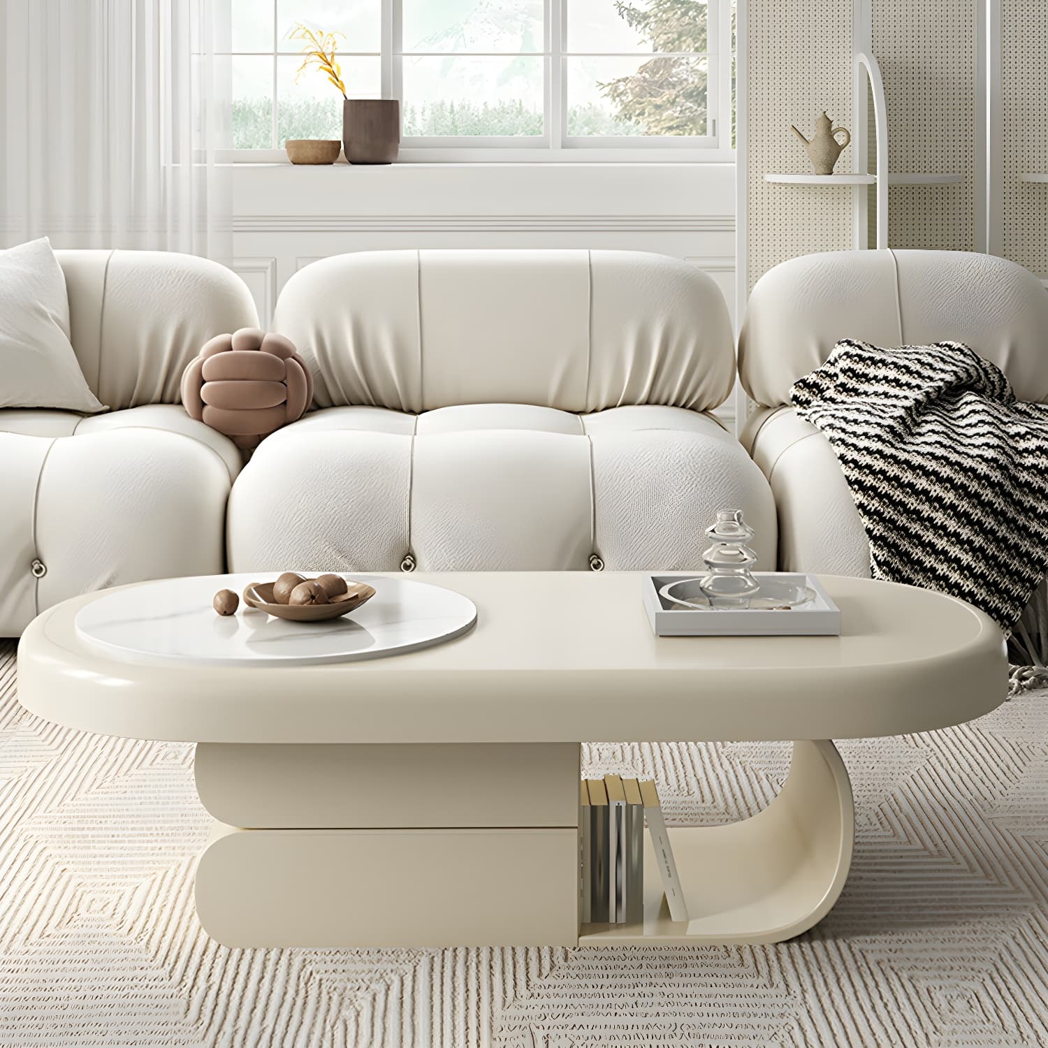 Modern Oval White Coffee Table with Storage, Shelves, and Drawers thumbnail 5