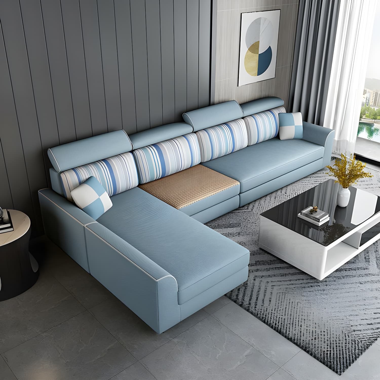 Modern L-Shape Reversible Wood Frame Sectional Sofa Chaise Set thumbnail 3
