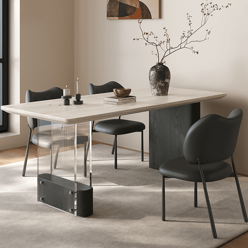 Dining Table Set with Rectangular Slate Stone Top and Two-sided Pedestal, Featuring Padded Chair with Back, 5-piece in Ivory thumbnail 3