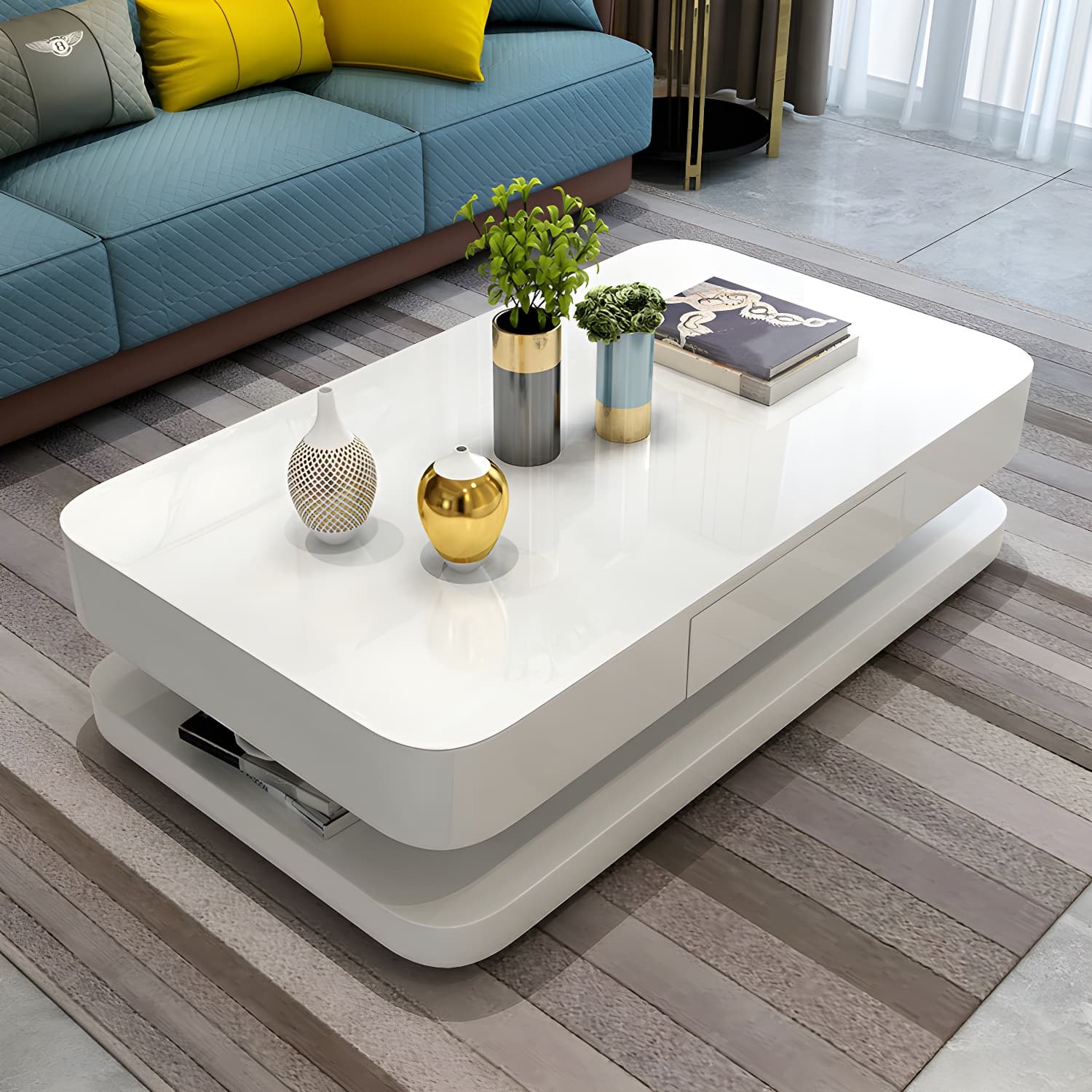 White Modern Coffee Table with Rectangular Wood Top & Block Base thumbnail 3