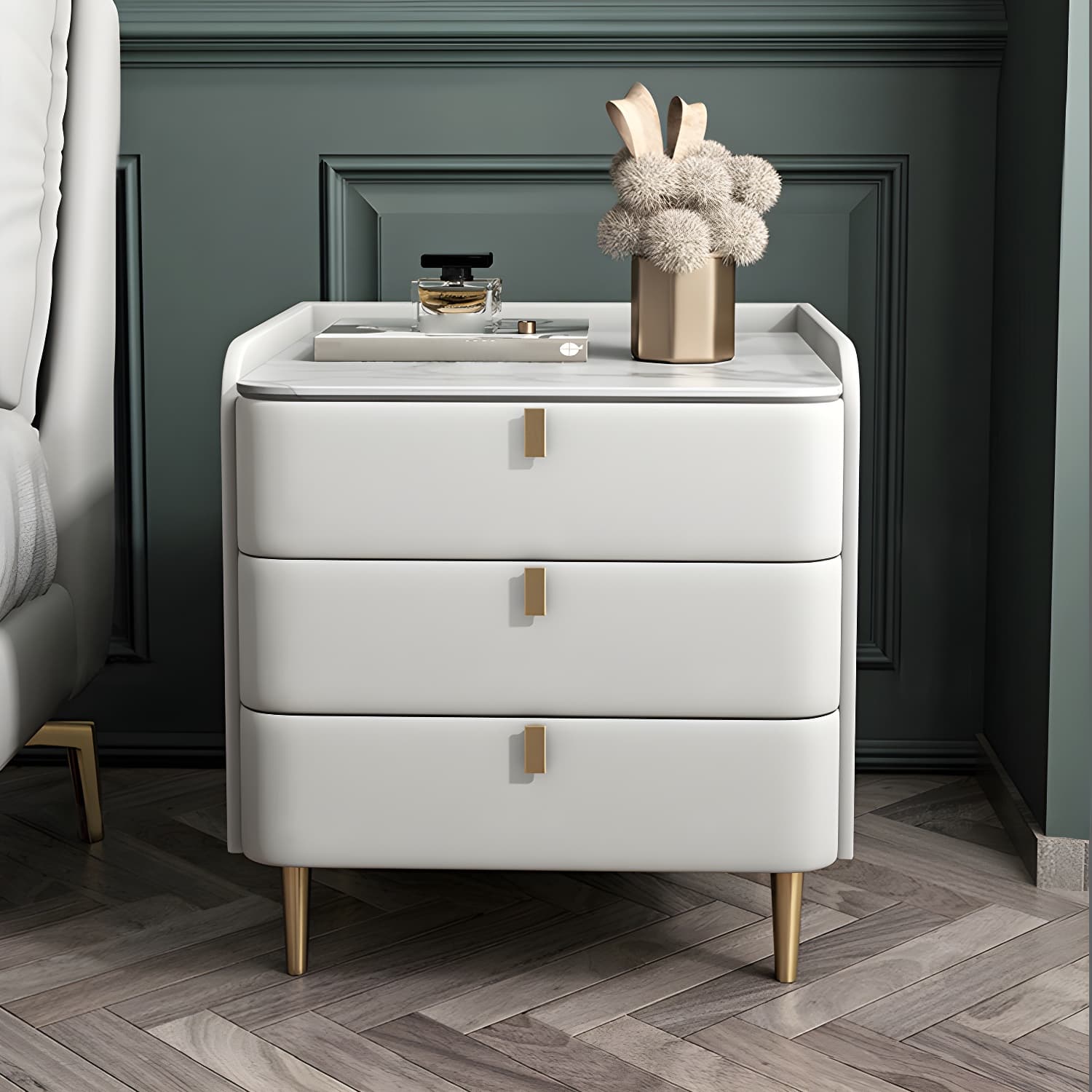 Stone Top Nightstand 3-drawer Leather Night Table with 4 Legs thumbnail 12