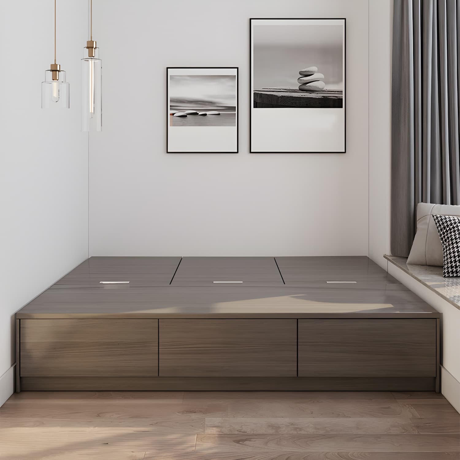 Light Brown Platform Bed Scandinavian 13.77" Tall Bed Frame with Storage Drawers thumbnail 13