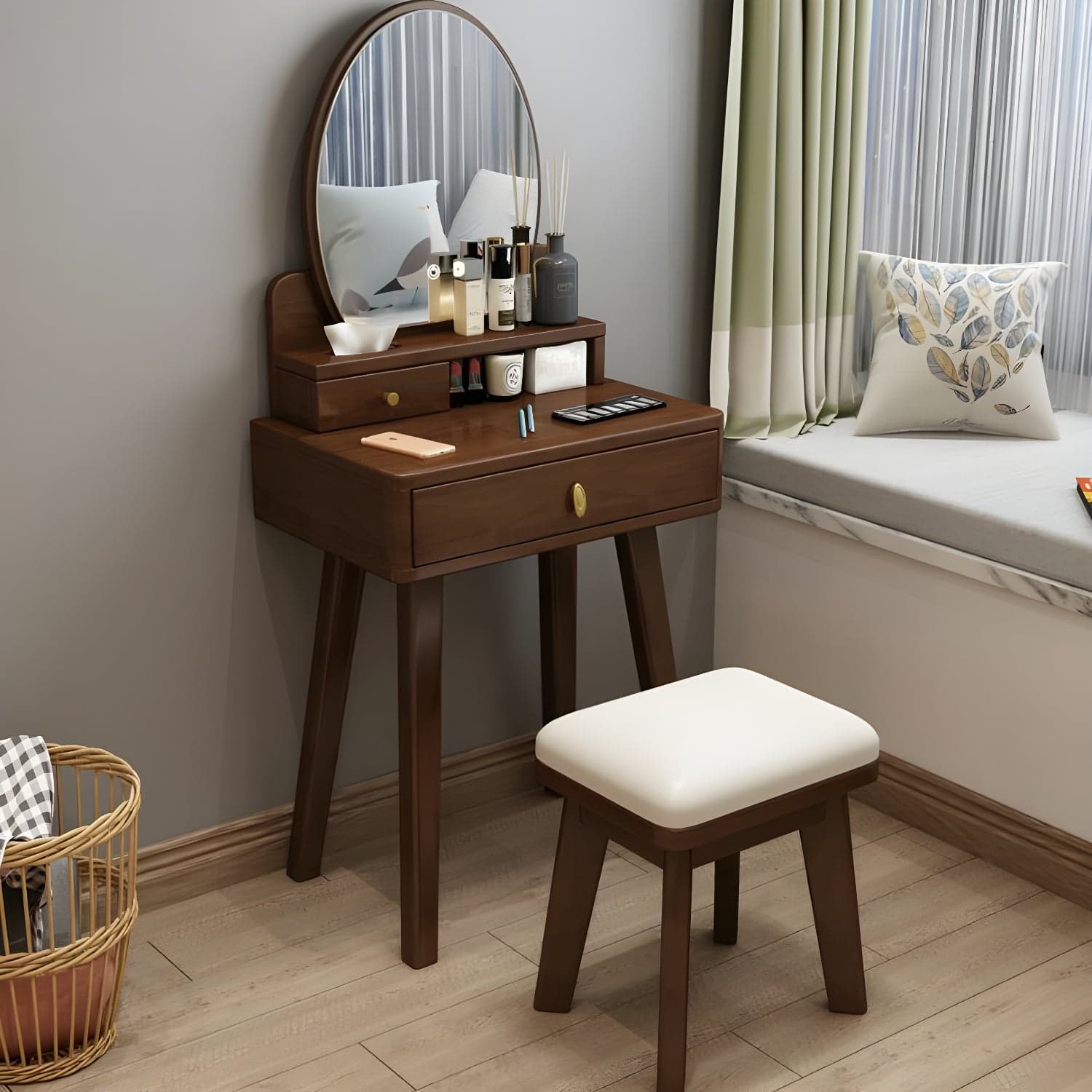 Modern Wood Makeup Vanity with Drawers, Mirror & Upholstered Chair thumbnail 2