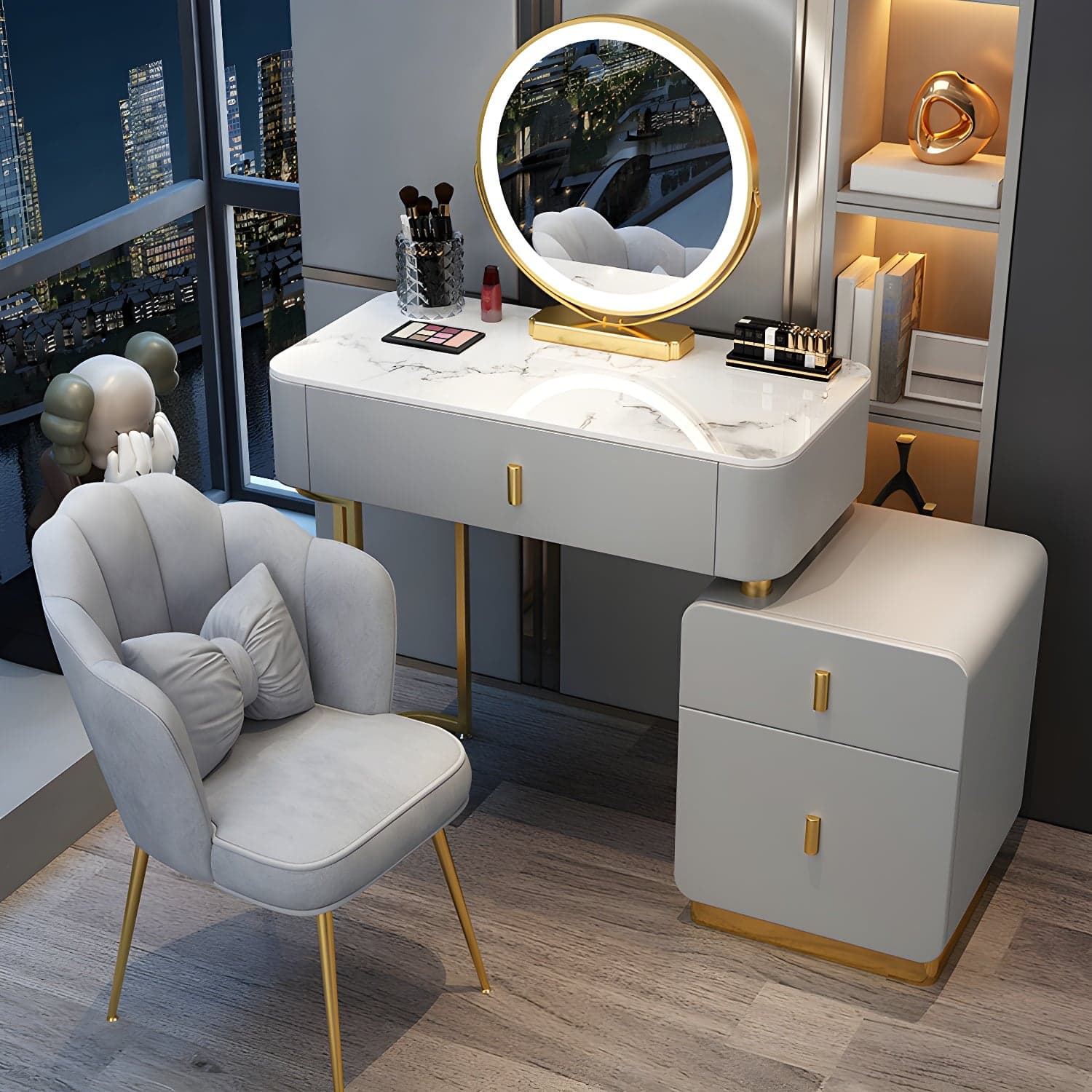 Wood Makeup Vanity Lighted Mirror Vanity Table and Stool Set thumbnail 1