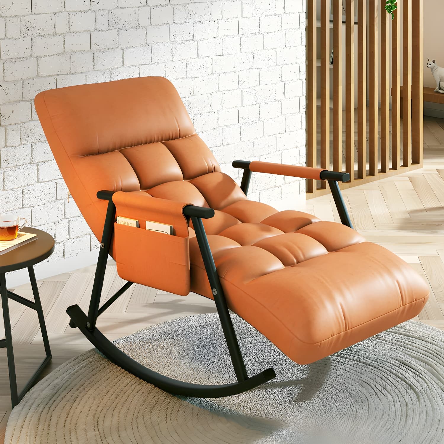 Faux Leather Rocking Chair Modern Style Rocker Chair with Storage thumbnail 7
