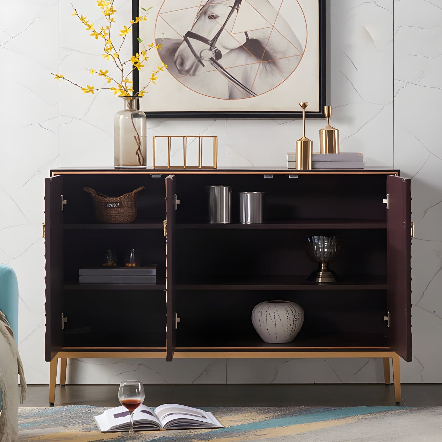Gold Legs 35.4" High Sideboard Cabinet Glam Style Wood Buffet Table thumbnail 6