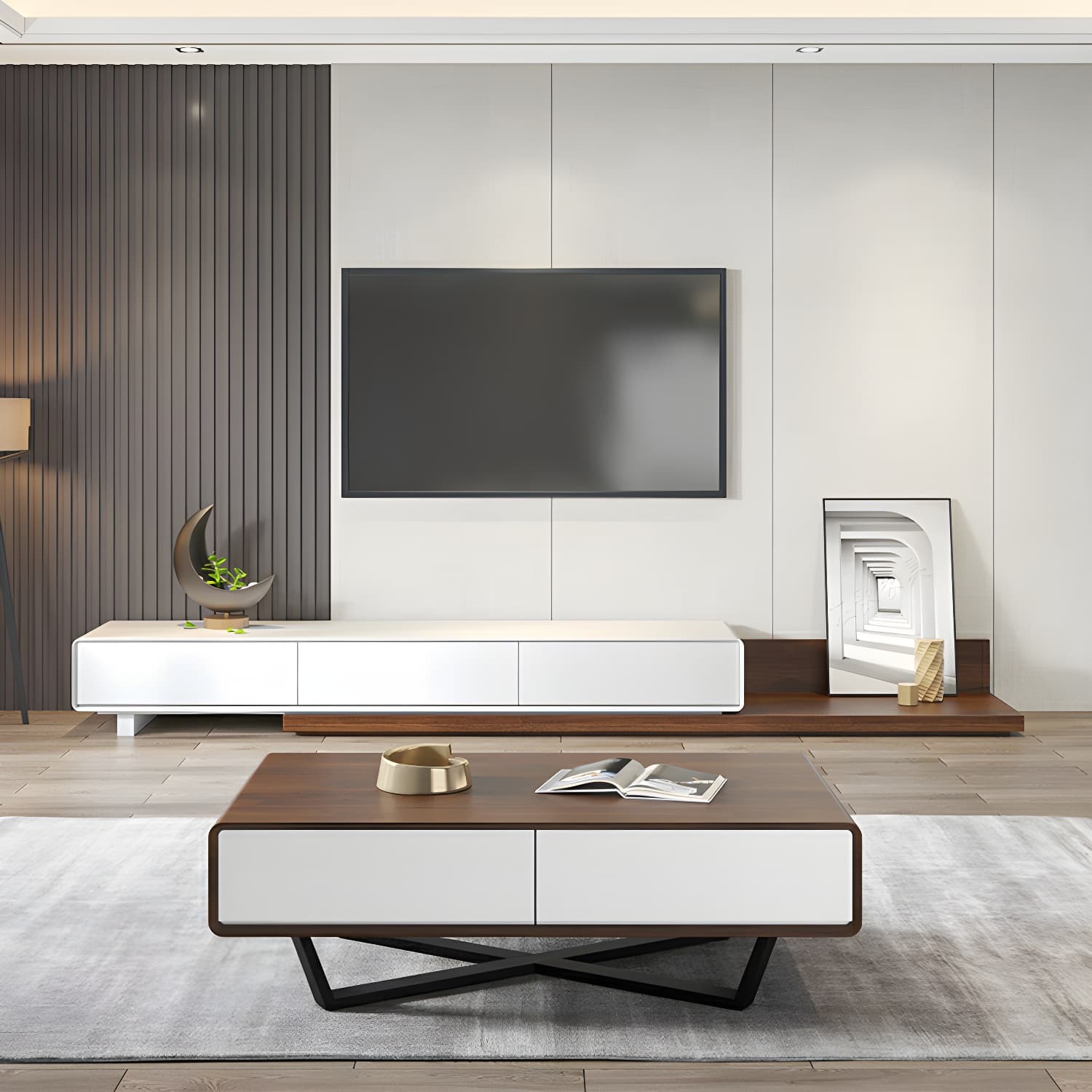 Rectangular Wood Modern Coffee Table with Black Metal Cross Legs and Storage Drawers thumbnail 10