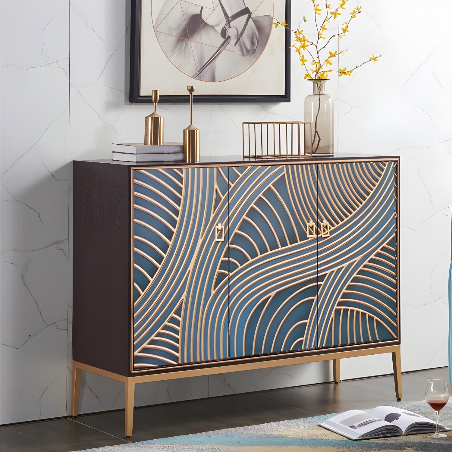 Gold Legs 35.4" High Sideboard Cabinet Glam Style Wood Buffet Table thumbnail 5