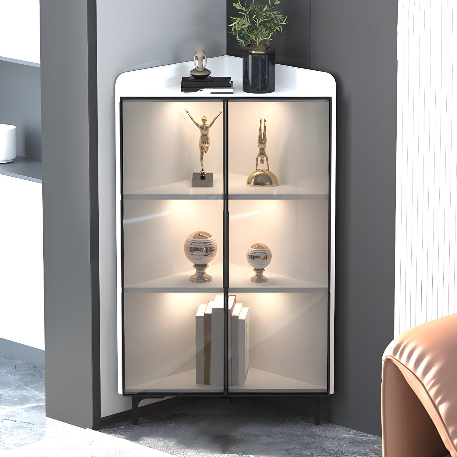 Scandinavian Corner Accent Cabinet with Glass Doors and Black Metal Base - Small Size thumbnail 4