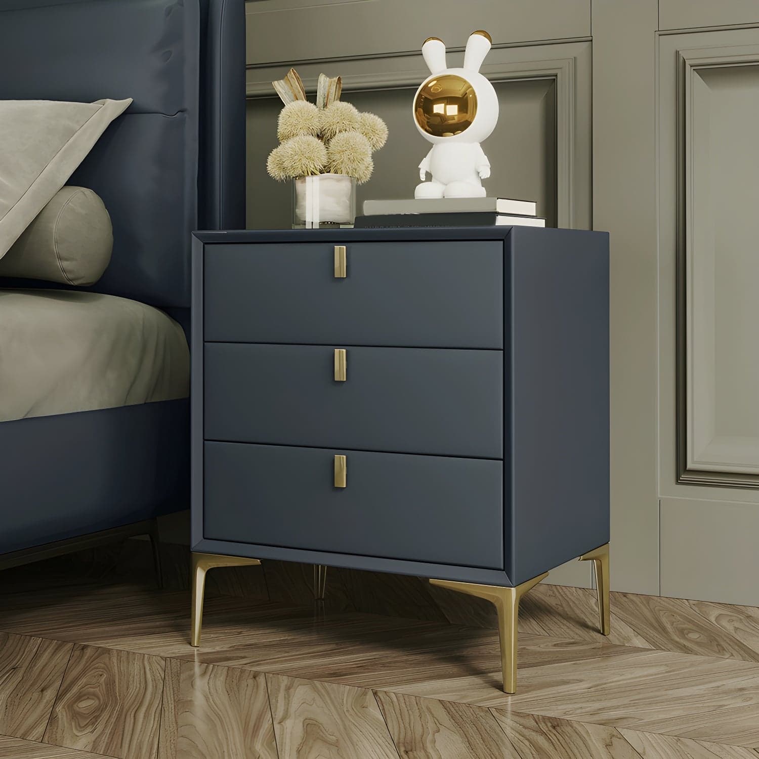 Glam Style Solid Wood 3-Drawer Nightstand with Legs for Bedroom thumbnail 3