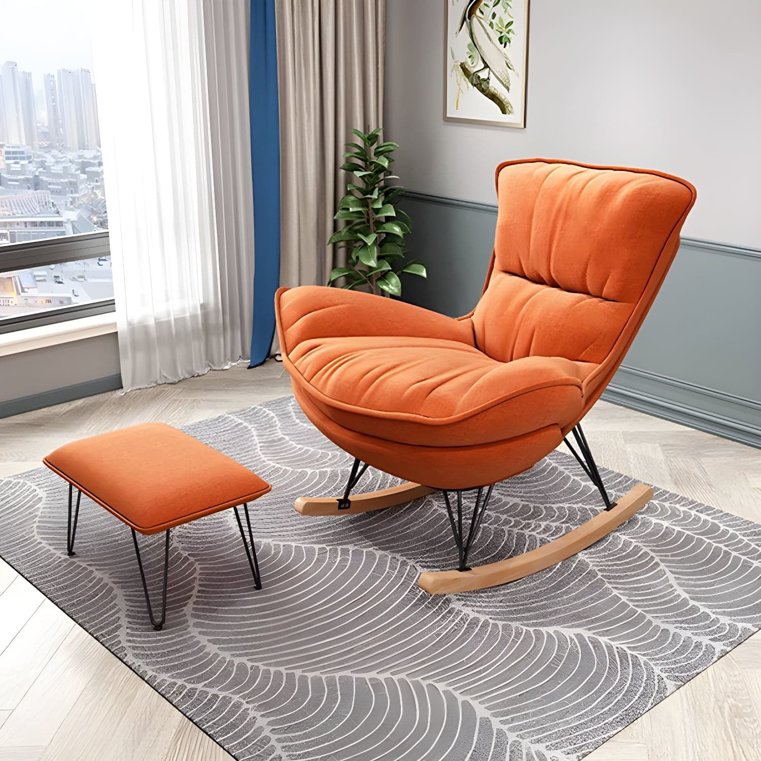 Stylish Modern Indoor Rocking Chair with Ottoman - Upholstered Seat and Natural Wood Legs thumbnail 9