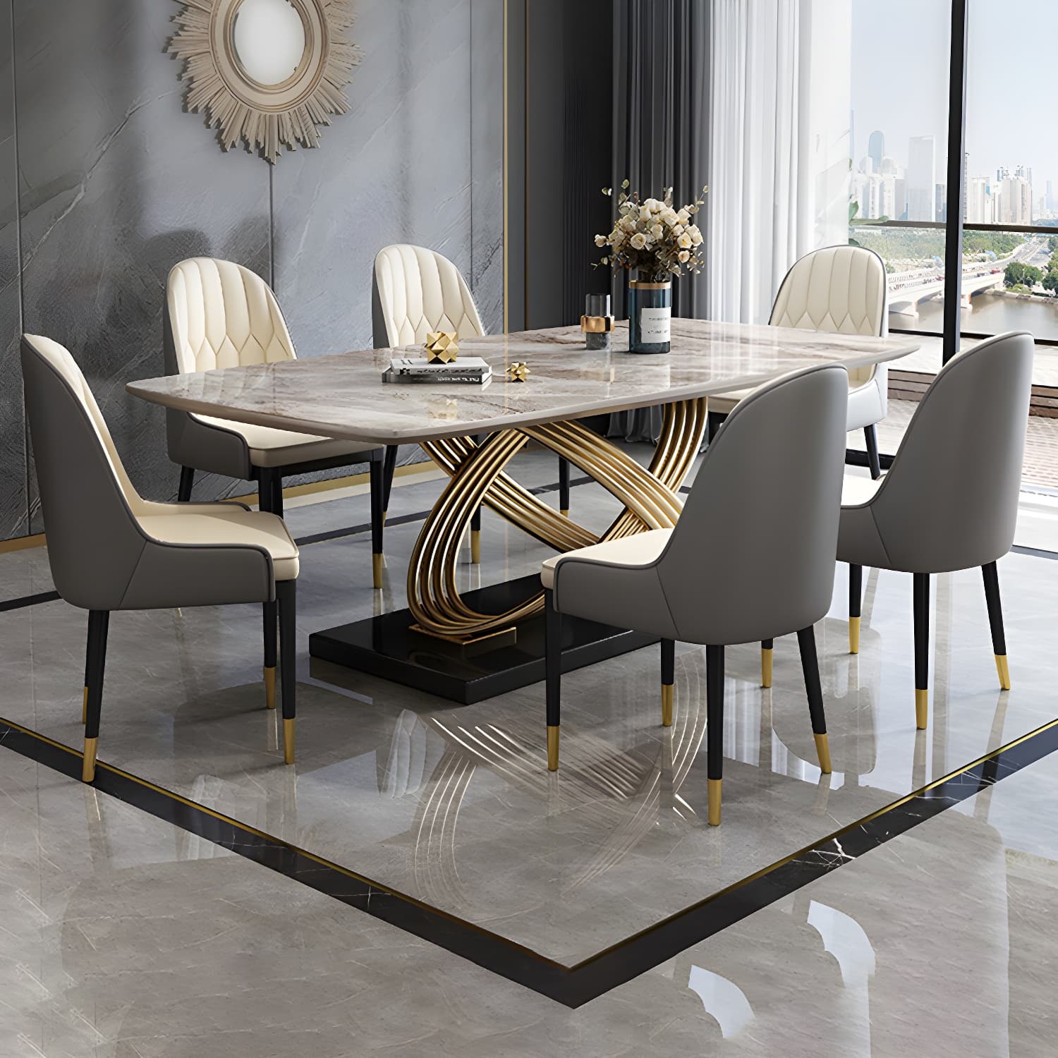 Nordic Glam Rectangle Sintered Stone Table Set 1/4/5/7 Pieces Dining Set thumbnail 11