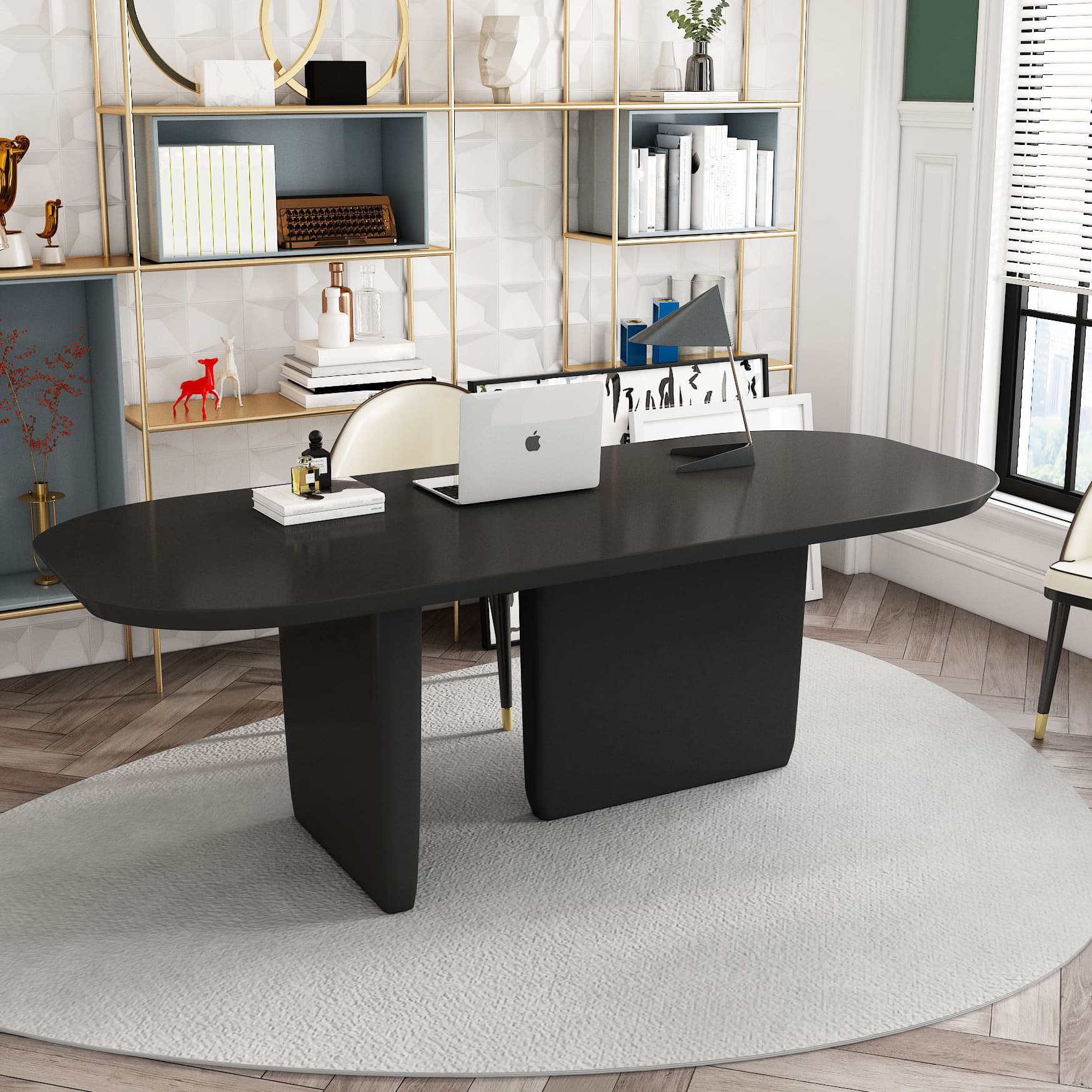 Rectangle Solid Wood Dining Table Modern Table with Double Pedestal Base thumbnail 1