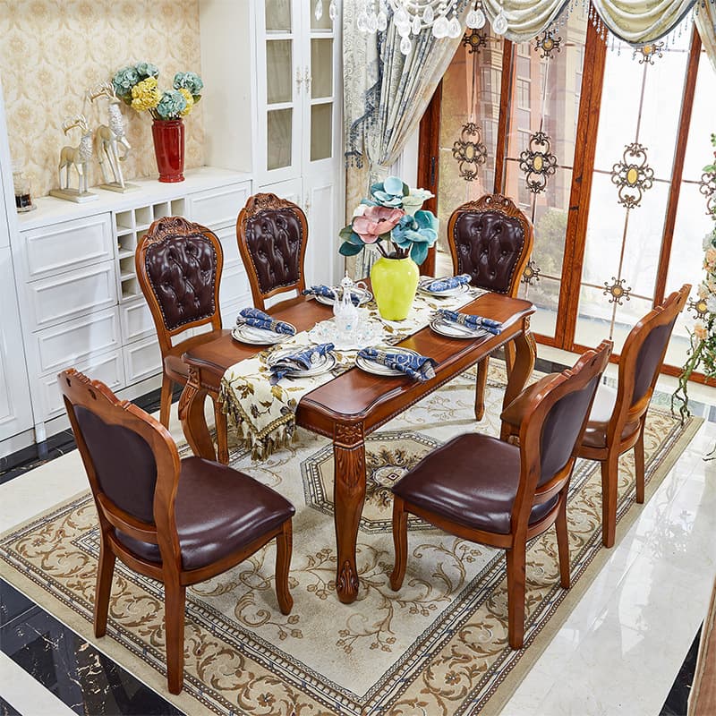 Retro Rectangular Brown Solid Wood Dining Table Set with Four Legs and Fixed Table thumbnail 2