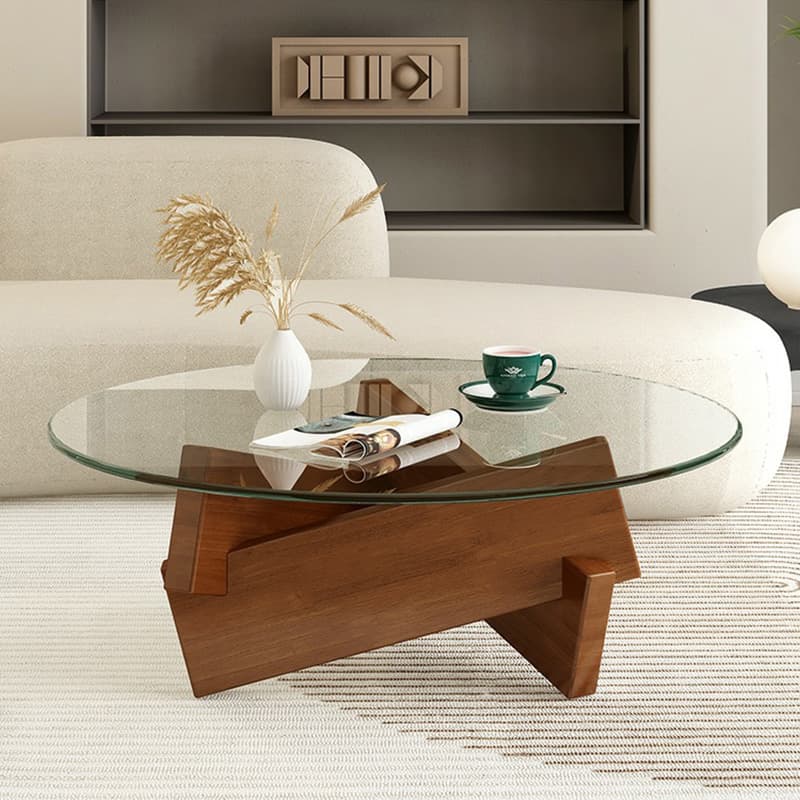 Stylish Round Glass Coffee Table with Tempered Top and Abstract Wood Base thumbnail 5