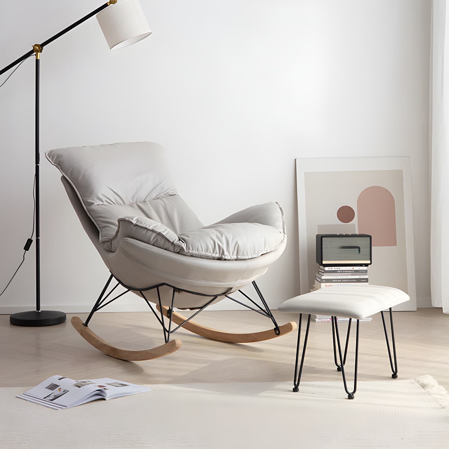 Simple Faux Leather Rocker Chair Plain Rocking Chair with Removable Cushions thumbnail 8