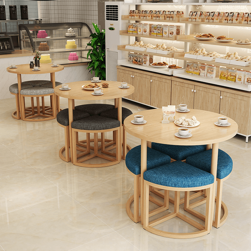 Reclaimed Wood Round Dining Table Set with Metal Toboggan Base and Upholstered Backless Chairs for 4 People thumbnail 6
