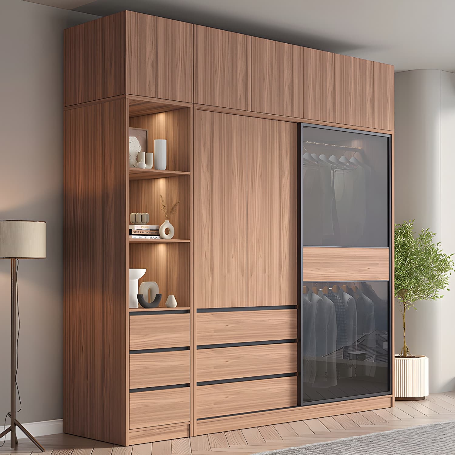 Glass and Wood Wardrobe Cabinet Brown Wardrobe Armoire with Garment Rod