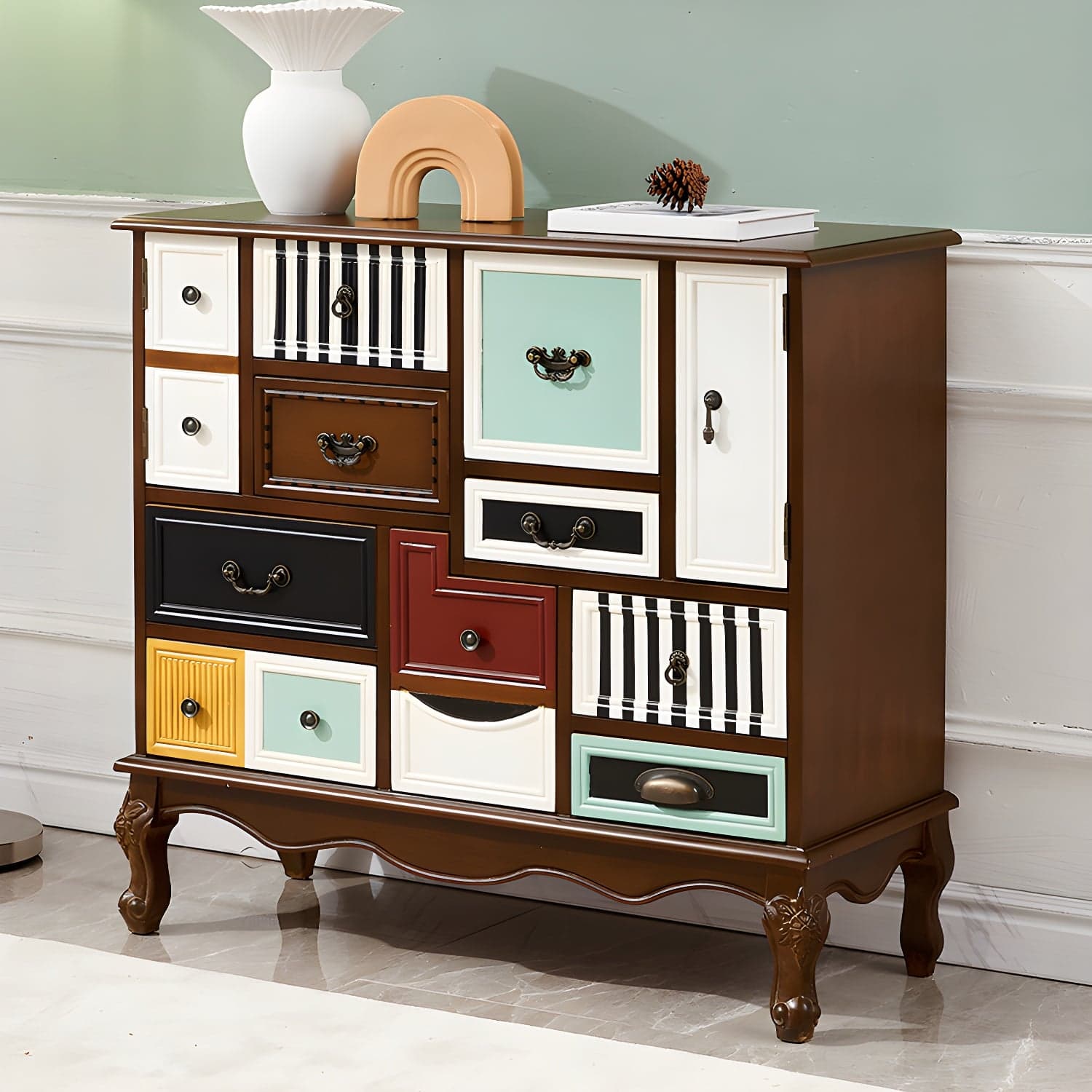 Industrial Painted Accent Cabinet with Drawers Solid Wood Chest thumbnail 4