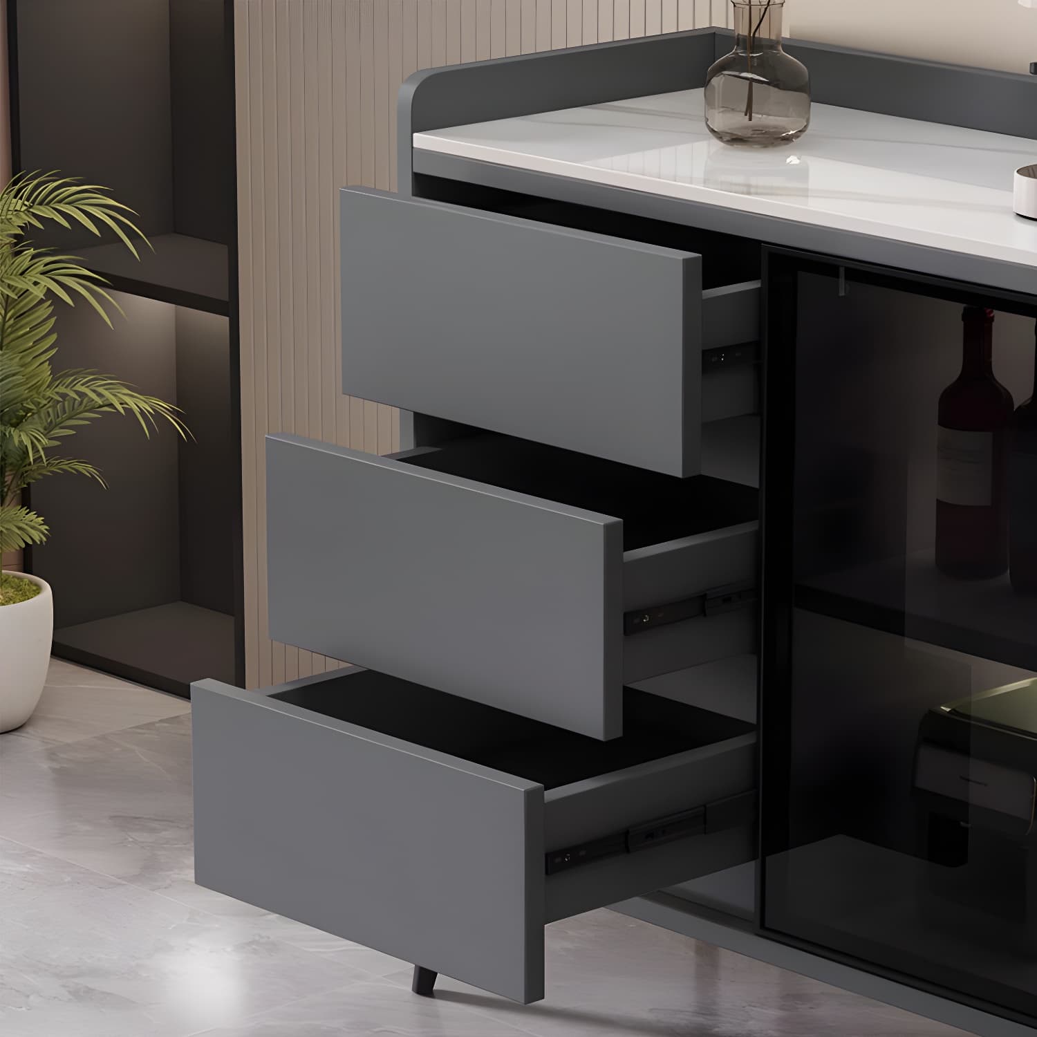 Stone Top Modern Wood Sideboard Credenza with 3 Drawers and Glass Doors thumbnail 15
