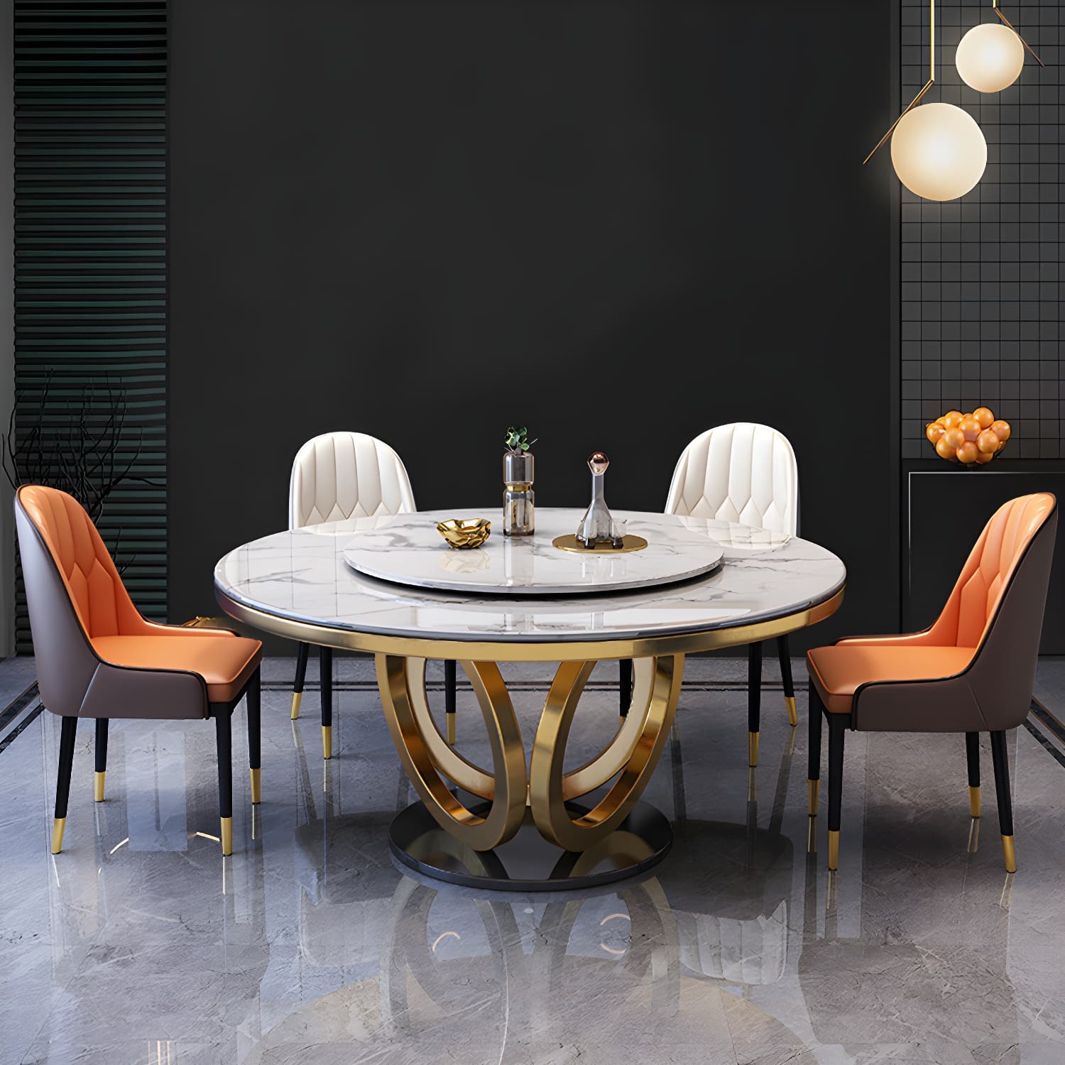 Glamorous Round Marble Dining Set with Gold Metal Pedestal Base and Upholstered White Chairs