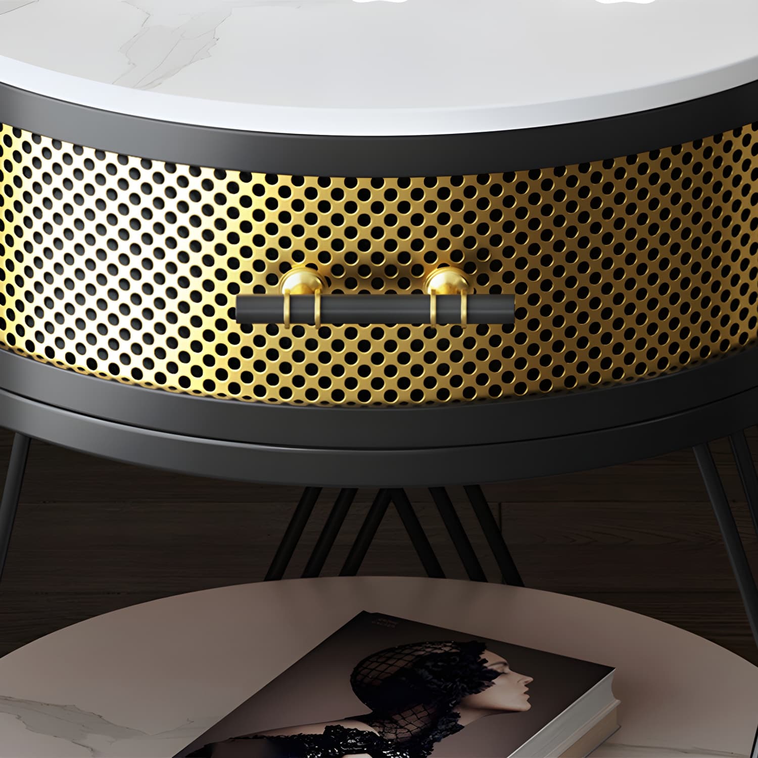 Glam Stone Top Night Table Open Storage 1-Drawer Metal Legs Included Nightstand thumbnail 10