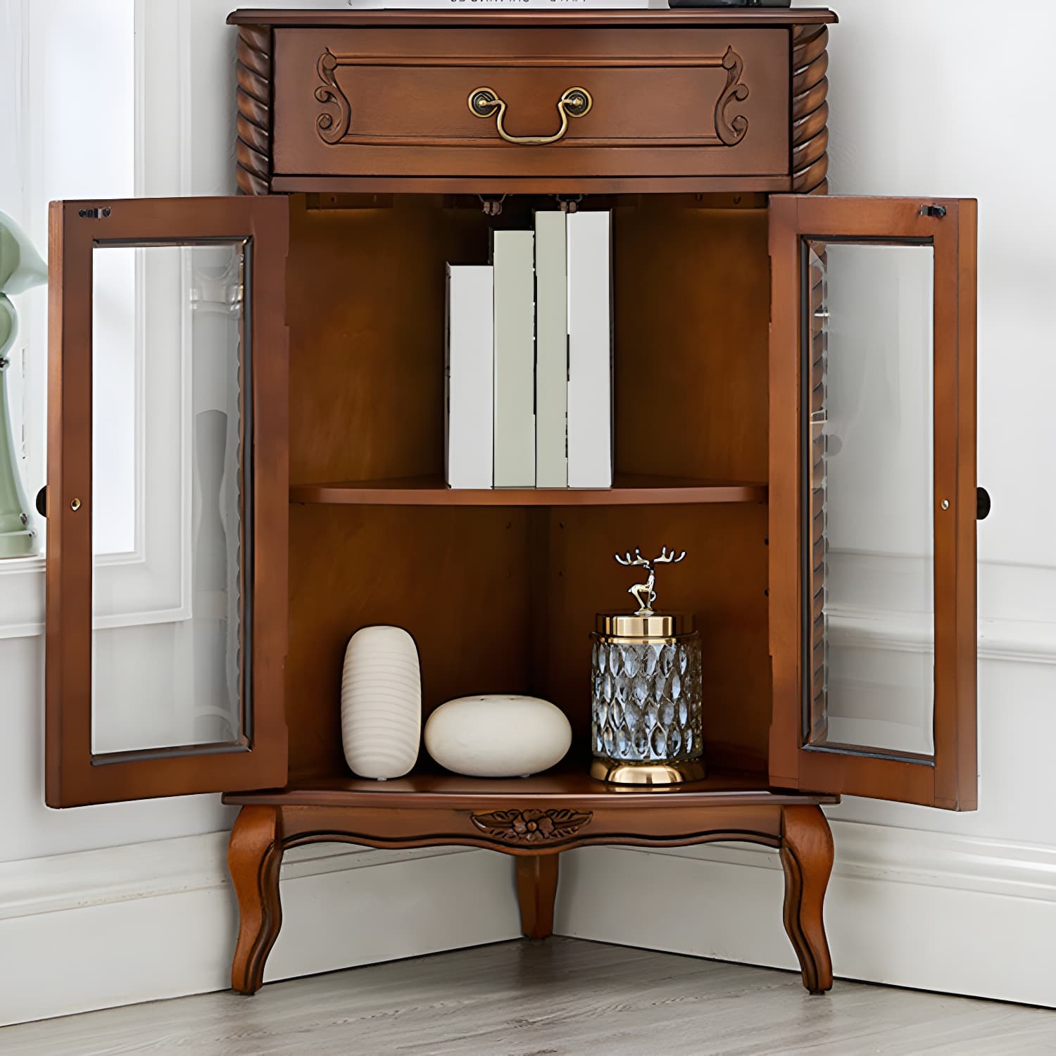Mid-century Modern Brown Corner Cabinet, Wooden Accent Cabinet with Shelves thumbnail 2