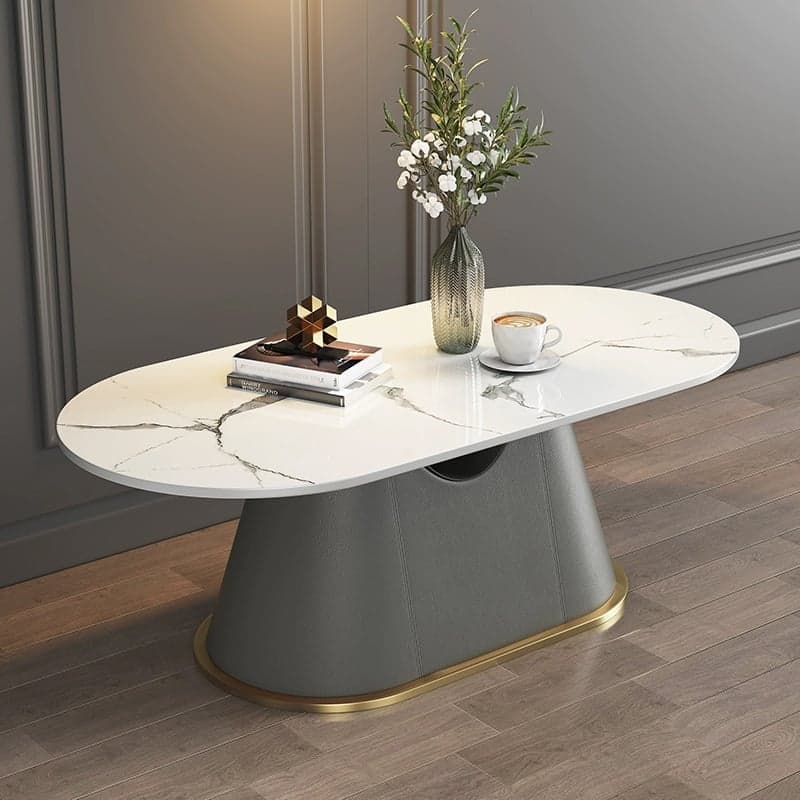 Glam Oval Stone Coffee Table with Pedestal Chrome Base - Scratch Resistant thumbnail 6