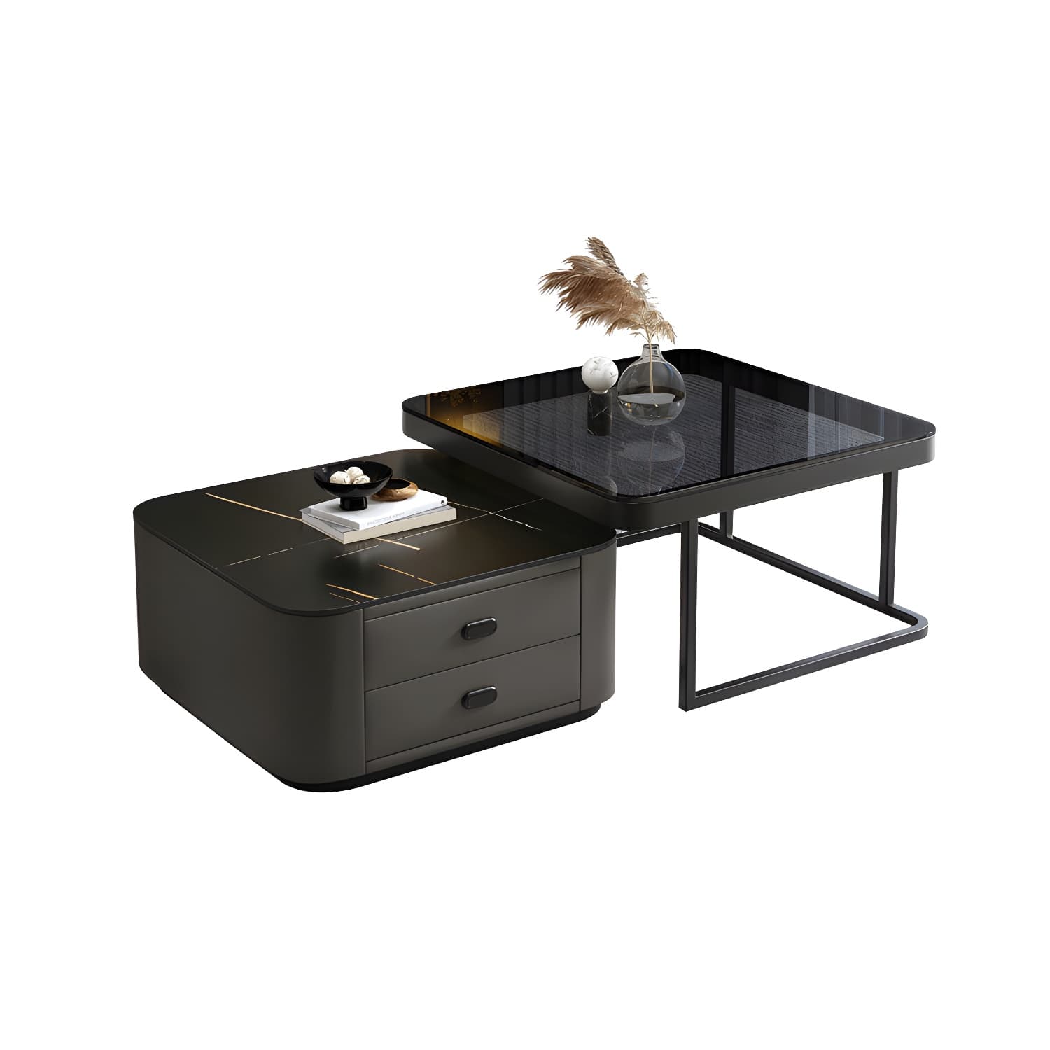 Square Coffee Table Glass Top 2 Nesting Coffee Table Set with Storage thumbnail 4