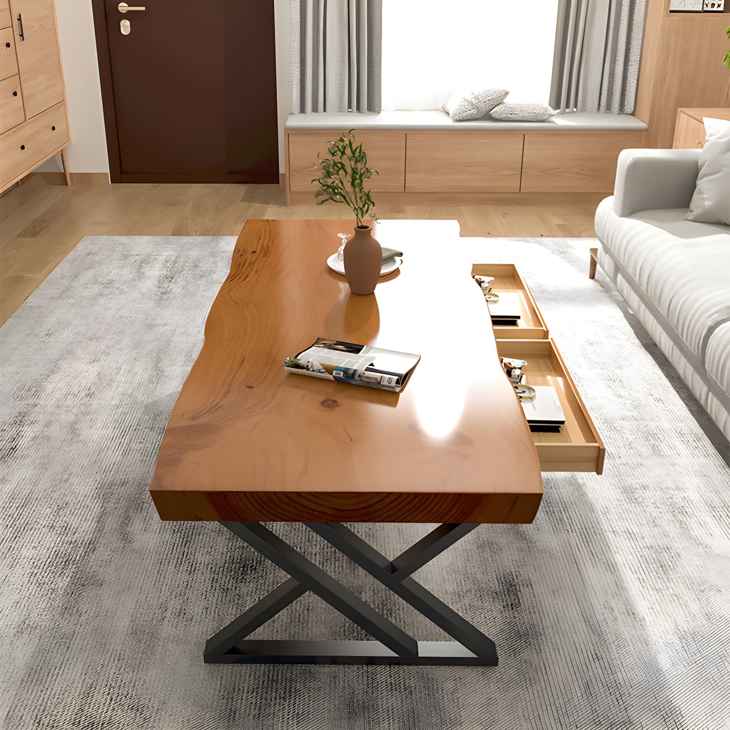 Scandinavian Rectangle Solid Wood Coffee Table Metal Sled Cocktail Table thumbnail 3