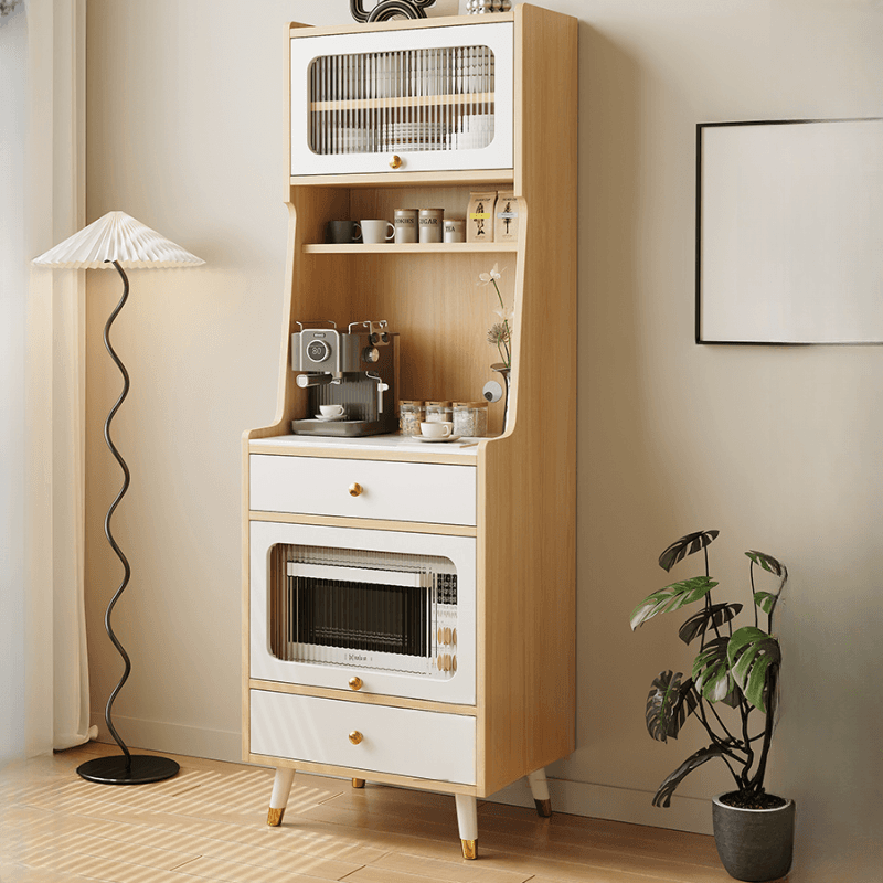 Simple Narrow Microwave Shelf Cabinet with 2 Drawers, Sintered Stone Countertop, Glazed Door, and Adjustable Shelving thumbnail 2