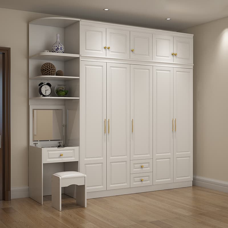 Art Deco Chalk Manufactured Wood Free Standing Interior Shelves Wardrobe with Soft Close Drawer and Hanging Rod thumbnail 8