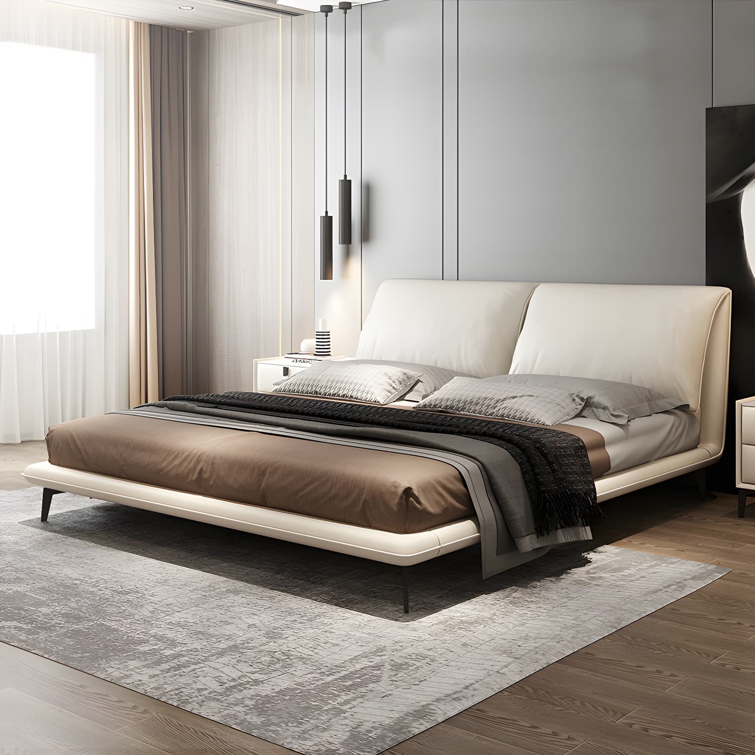 Modern Low Profile Panel Bed Genuine Leather Upholstered Bed Frame thumbnail 4