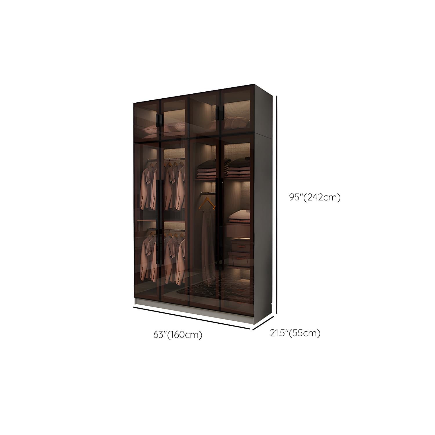Modern Glass Hinged Doors Wardrobe Armoire Wood Frame Wardrobe with Shelves without Light thumbnail 26
