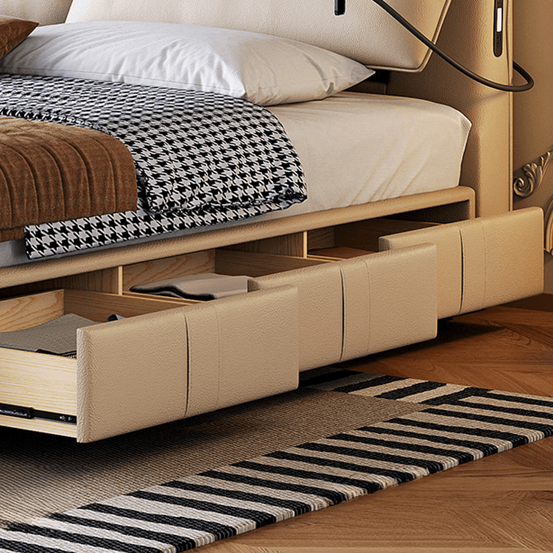 Beige Solid Color Storage Bed with 3 Storage Boxes, Sponge Upholstery, and Illumination Light thumbnail 6